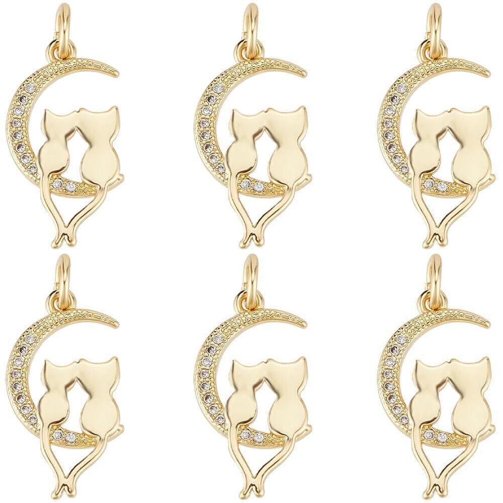 2064 1 Box 8Pcs Cat Moon Charm 18K Gold Plated Cubic Zirconia Crescent Moon